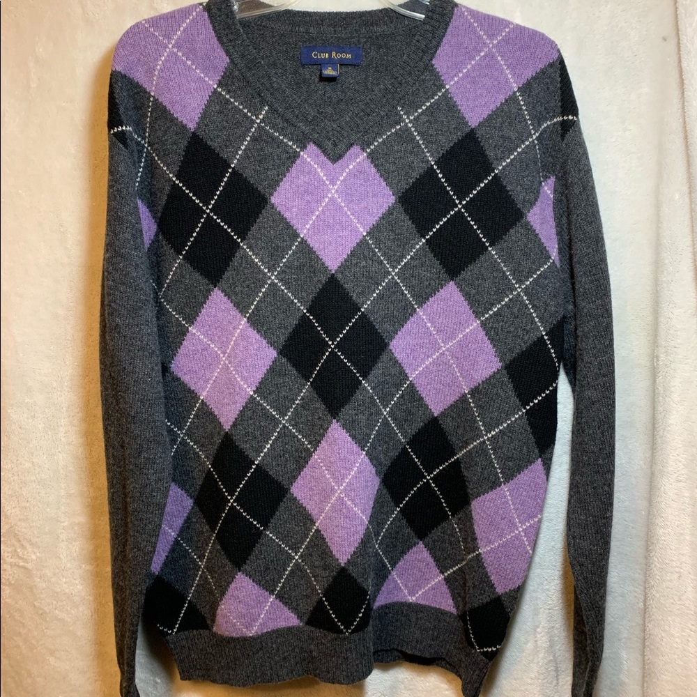 Charter Room Purple & Gray Argyle V-Neck Sweater M